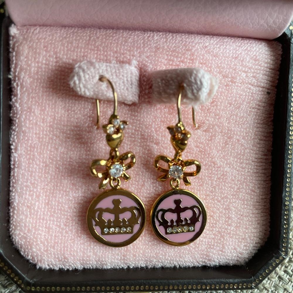 Juicy Couture pink crown and bow drop earrings